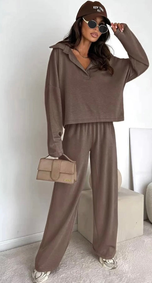 ZUMA COLLARED TWO PIECE CO-ORD LOUNGEWEAR SET BROWN