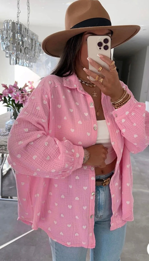 DINA 'HEARTS' PRINTED
OVERSIZED BLOUSE SHIRT TOP-PINK