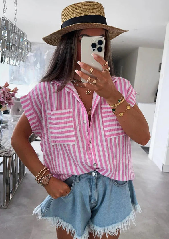 BRINA STRIPED POCKET DETAIL COTTON GAUZE STYLE SHIRT- PINK