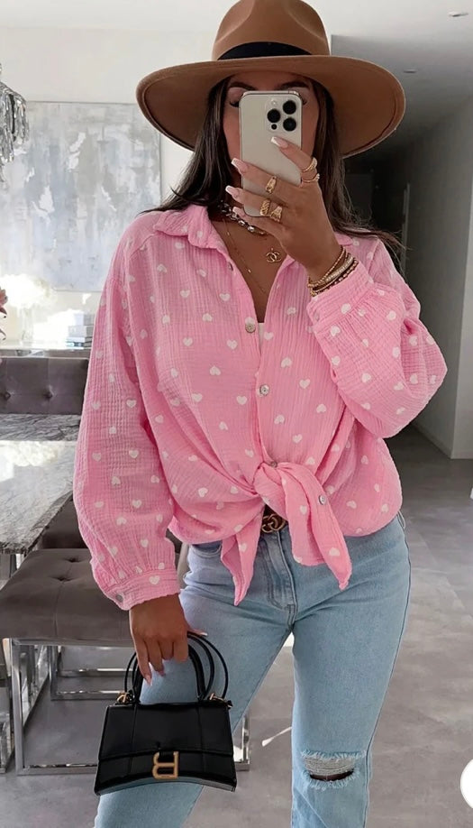 DINA 'HEARTS' PRINTED
OVERSIZED BLOUSE SHIRT TOP-PINK