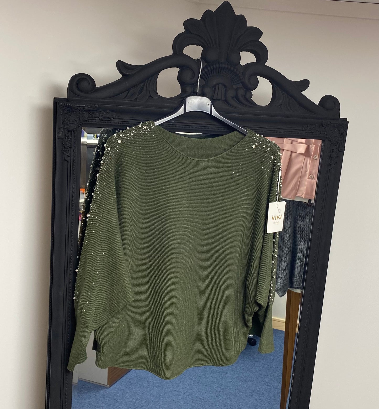 PEARL AND DIAMANTÉ STUDDED BATWING RIBBED JUMPER - KHAKI