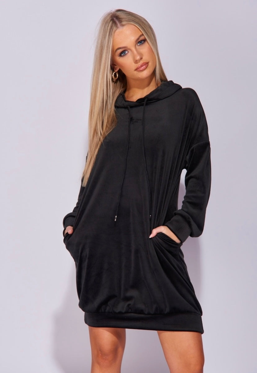Velour Oversized
Hooded Dress -BLACK