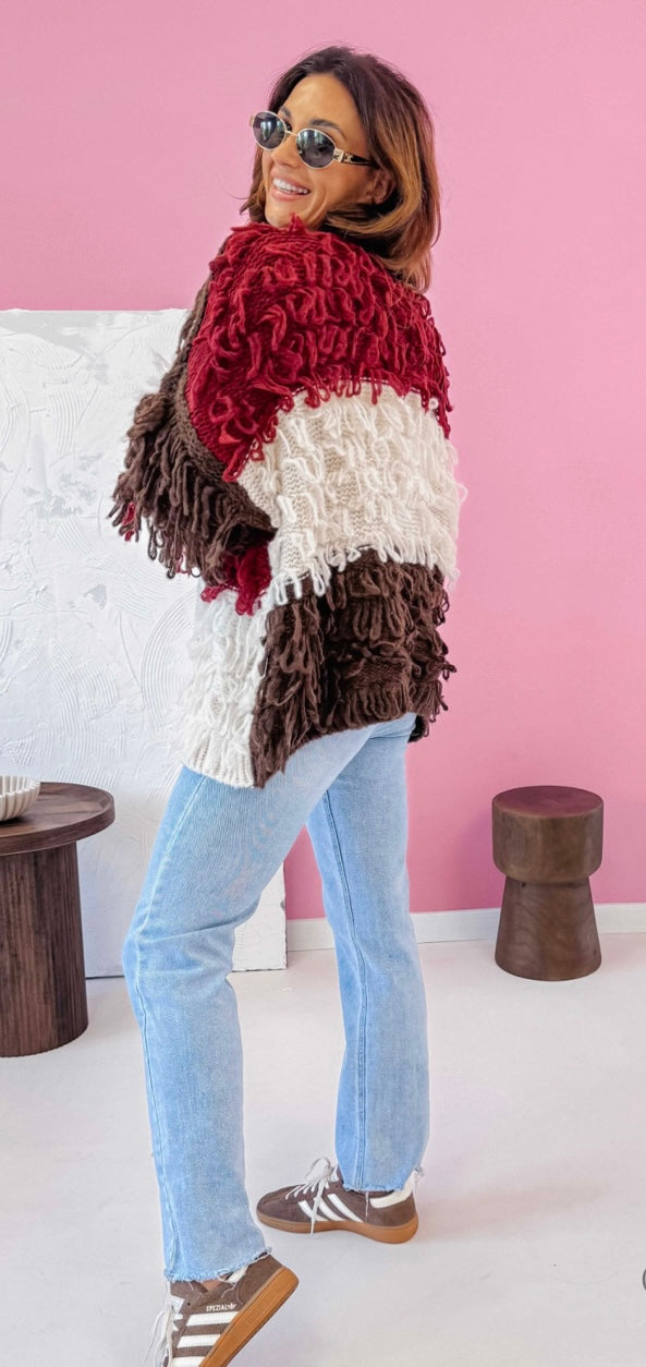 LOOP OVERSIZED CARDIGAN - CHOCOLATE BROWN/BURGUNDY