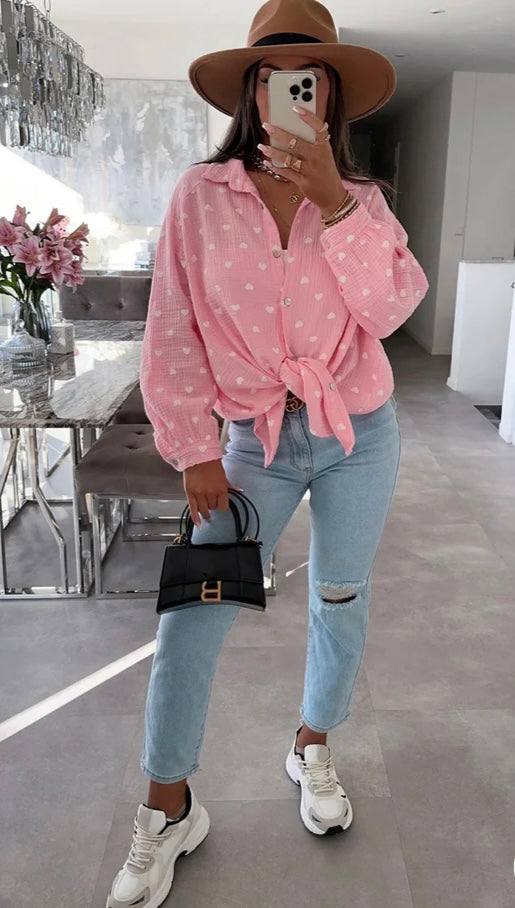 DINA 'HEARTS' PRINTED
OVERSIZED BLOUSE SHIRT TOP-PINK