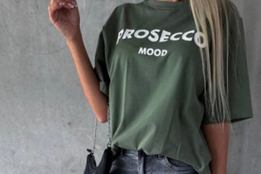 'PROSECCO' MOOD PRINTED OVERSIZED T-SHIRT- KHAKI