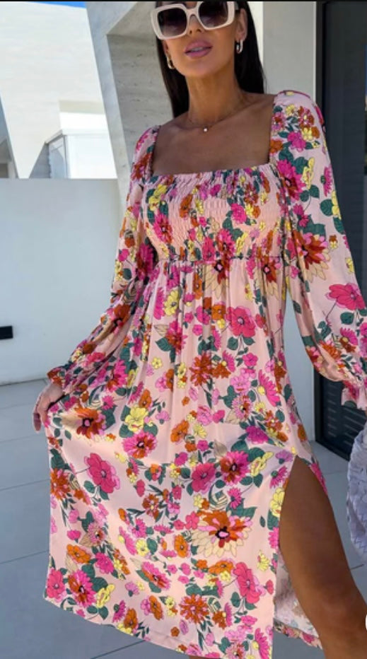 ANGELICA SHIRRED FLORAL SIDE SLIT MIDAXI DRESS