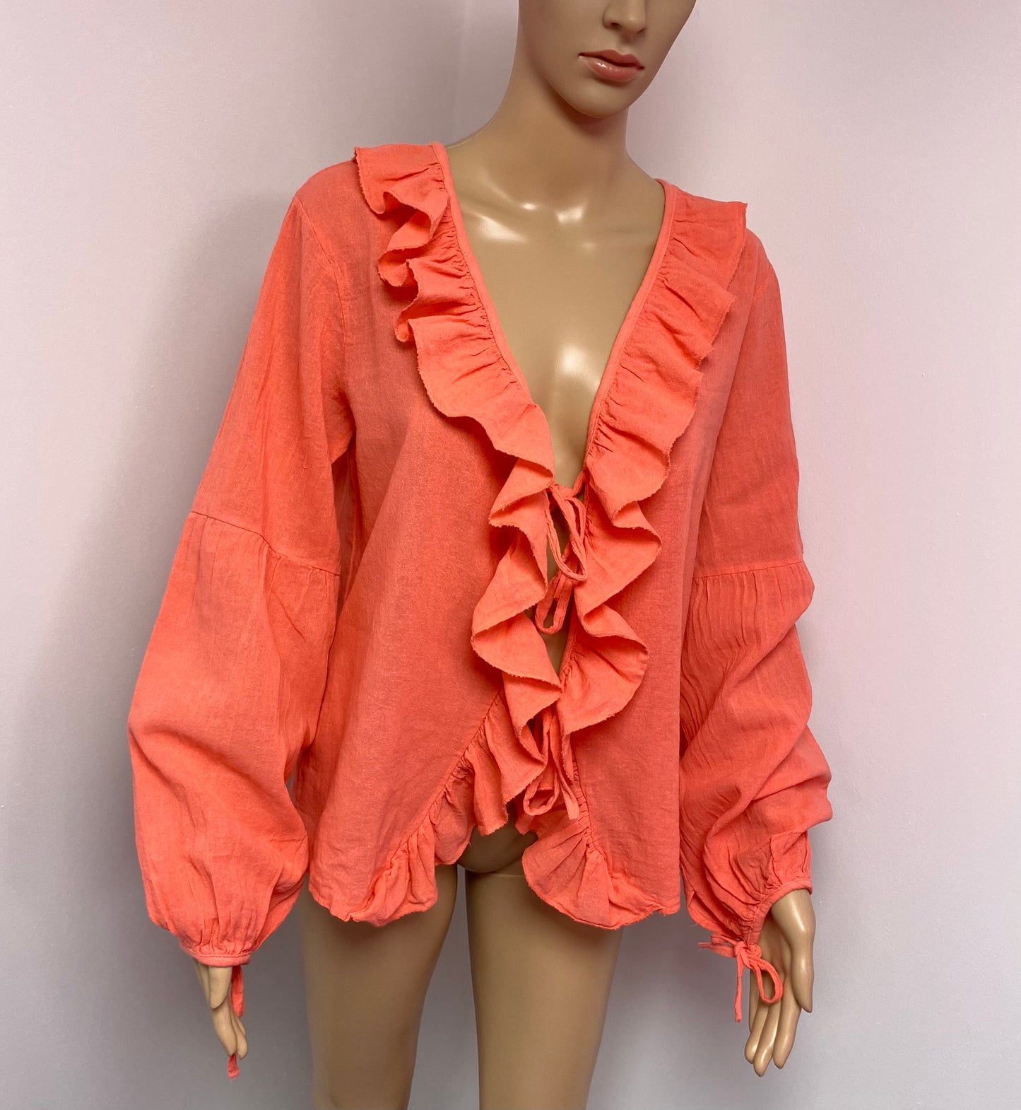 KARRIE FRILL FRONT TIE-UP BLOUSE SHIRT TOP-CORAL