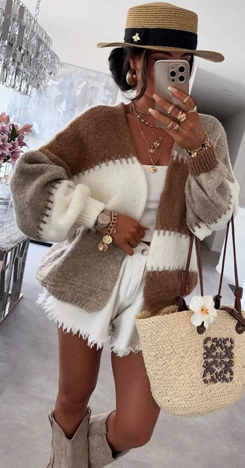 MIRAYA CONTRAST COLOUR BLOCK KNITTED CARDIGAN-STONE