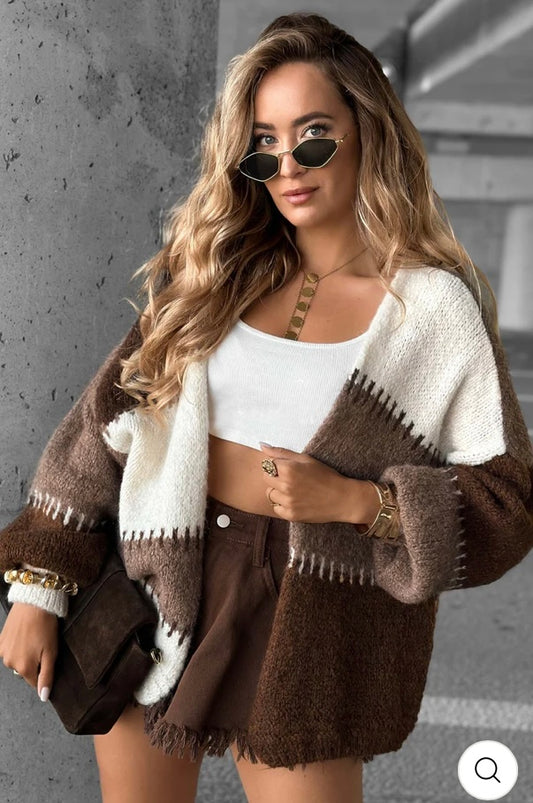 MIRAYA CONTRAST COLOUR BLOCK KNITTED CARDIGAN-DARK BROWN