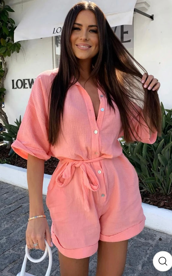 SALLIE BELTED COTTON GAUZE STYLE PLAYSUIT-CORAL