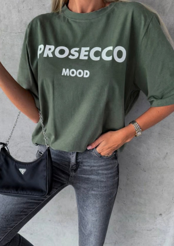 'PROSECCO' MOOD PRINTED OVERSIZED T-SHIRT- KHAKI