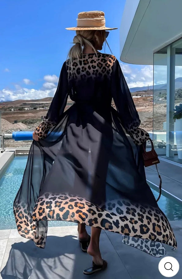 ALORA OMBRE LEOPARD ANIMAL BEACH COVER UP WRAP -BLACK