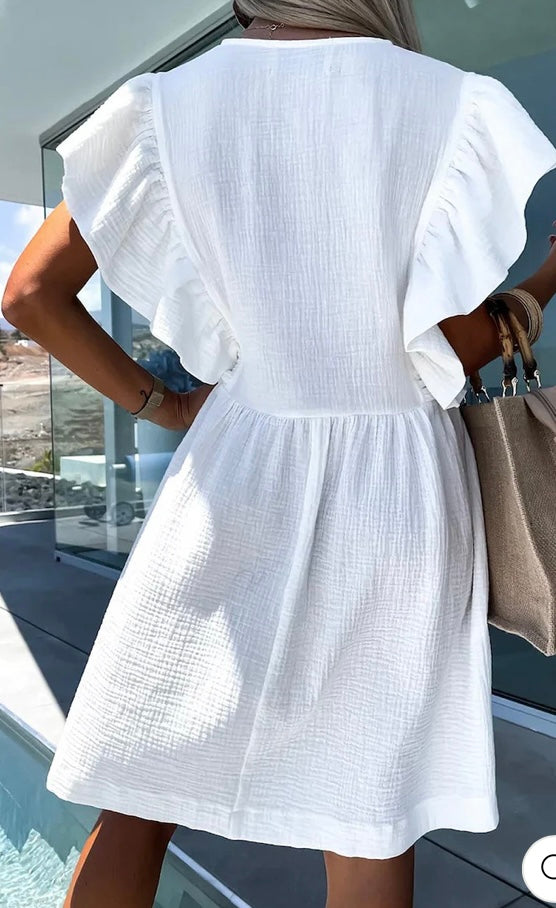 MINDIE RUFFLE FRILL SLEEVE COTTON GAUZE STYLE SMOCK
DRESS- WHITE