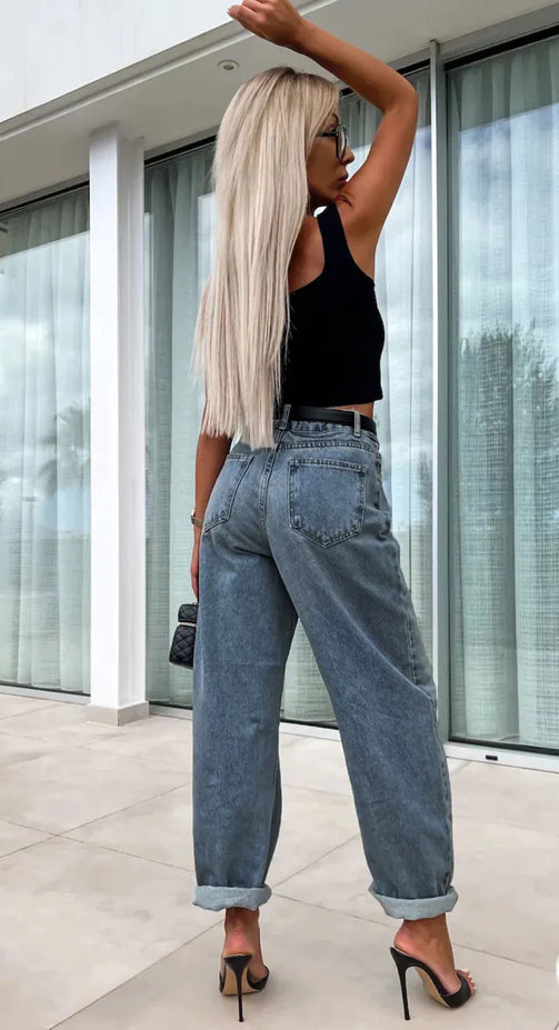 ELISE BARREL HIGH MOM FIT DENIM JEANS-BLUE