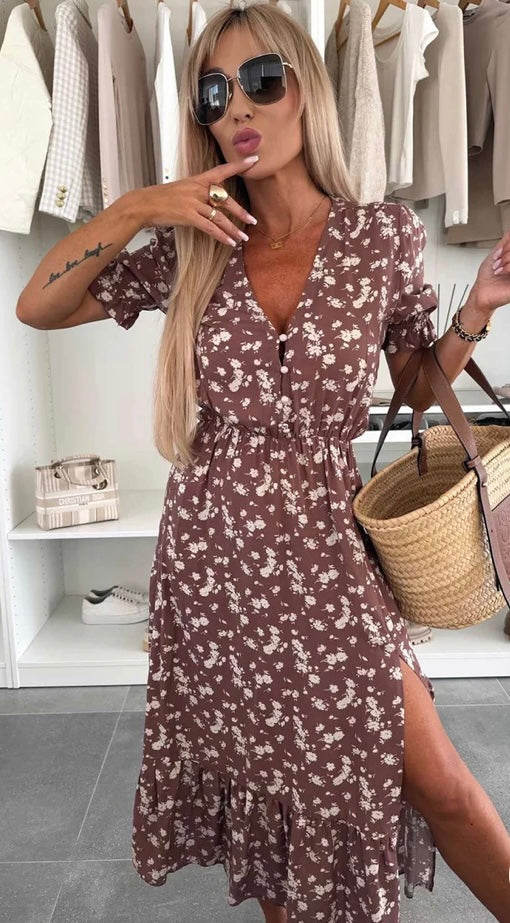 ANNA FLORAL SIDE SLIT MIDAXI DRESS-BROWN, CREAM