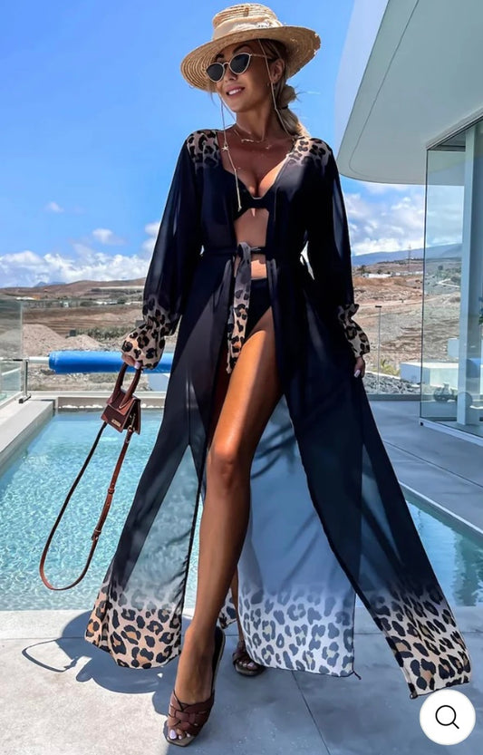 ALORA OMBRE LEOPARD ANIMAL BEACH COVER UP WRAP -BLACK