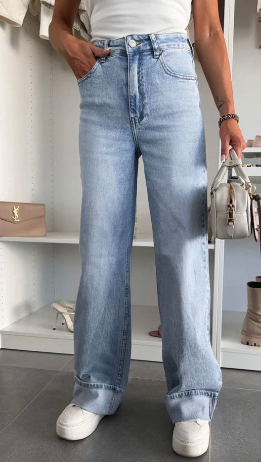 KYRA WIDE LEG CUFFED DENIM JEANS - BLUE