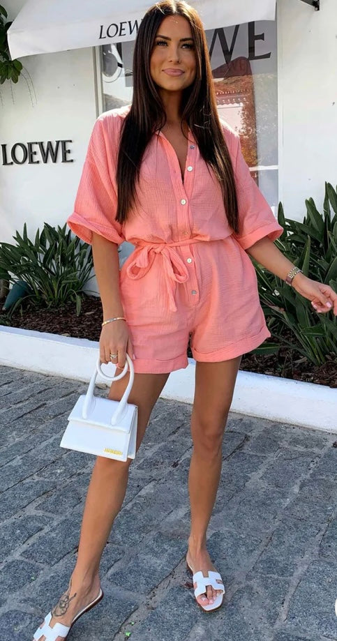 SALLIE BELTED COTTON GAUZE STYLE PLAYSUIT-CORAL