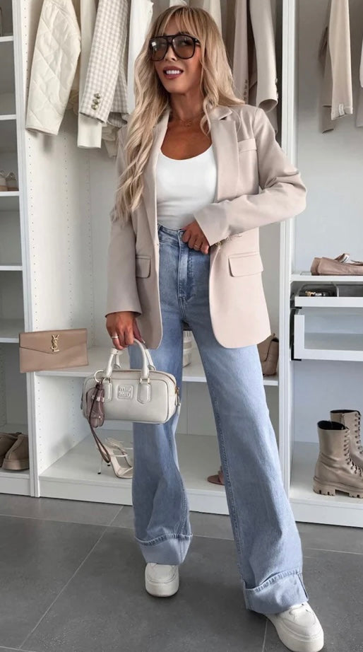 KYRA WIDE LEG CUFFED DENIM JEANS - BLUE