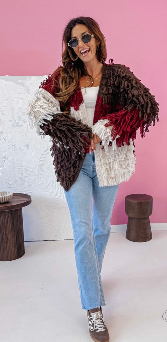 LOOP OVERSIZED CARDIGAN - CHOCOLATE BROWN/BURGUNDY