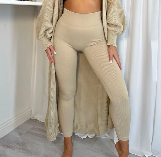 HIGHT WAIST, RIBBED THICK LEGGINGS - BEIGE