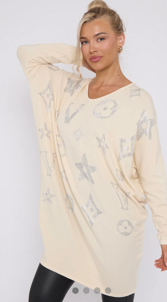 LOGO EMBELISHED LONGLINE JUMPER - LIGHT BEIGE