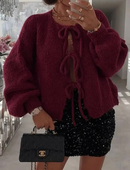 MEREDITH TIE-UP KNITTED CARDIGAN-WINE