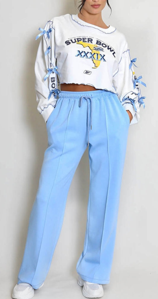 Elasticated Seam Front Wide Leg Jogger - BABY BLUE