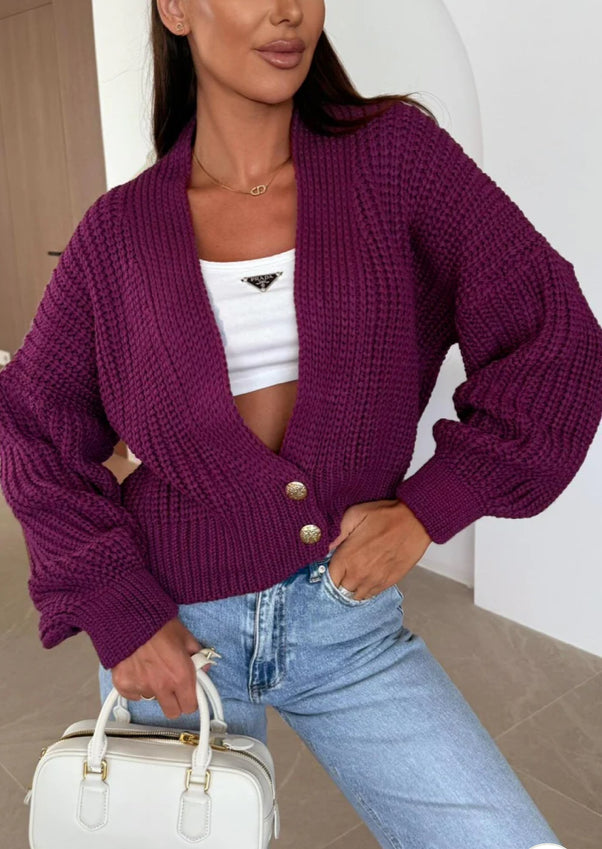 MIRANDA CROPPED KNITTED
CARDIGAN-WINE AND BROWN