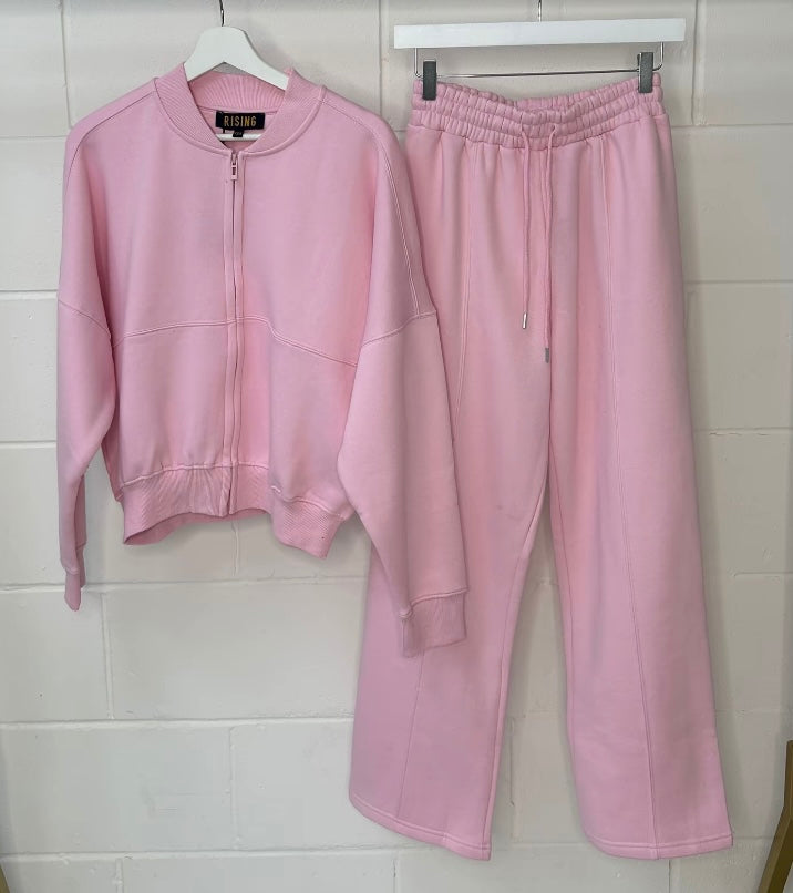 BOMBER SWEATSHIRT WITH STRAIGHT LEG JOGGER SET - LIGHT PINK