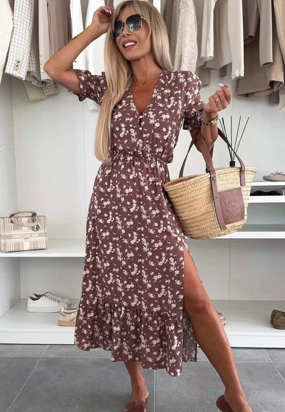 ANNA FLORAL SIDE SLIT MIDAXI DRESS-BROWN, CREAM