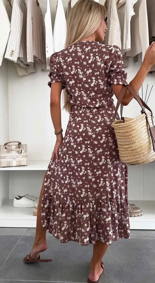 ANNA FLORAL SIDE SLIT MIDAXI DRESS-BROWN, CREAM