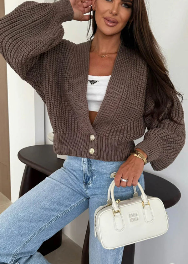 MIRANDA CROPPED KNITTED
CARDIGAN-WINE AND BROWN