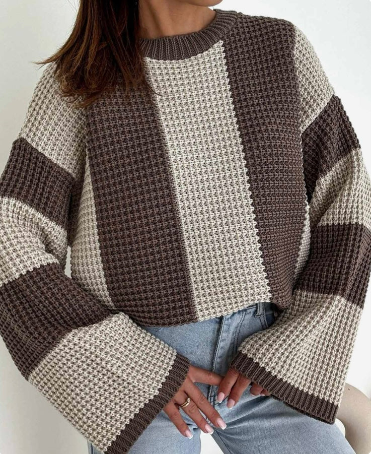 REYANA STRIPED WIDE SLEEVE JUMPER-BROWN/BEIGE
