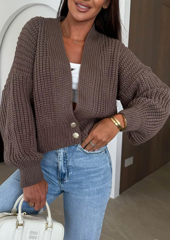 MIRANDA CROPPED KNITTED
CARDIGAN-WINE AND BROWN