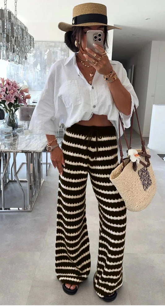 SIMONE STRIPED KNITTED WIDE
LEG TROUSERS-BROWN