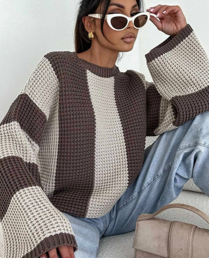 REYANA STRIPED WIDE SLEEVE JUMPER-BROWN/BEIGE