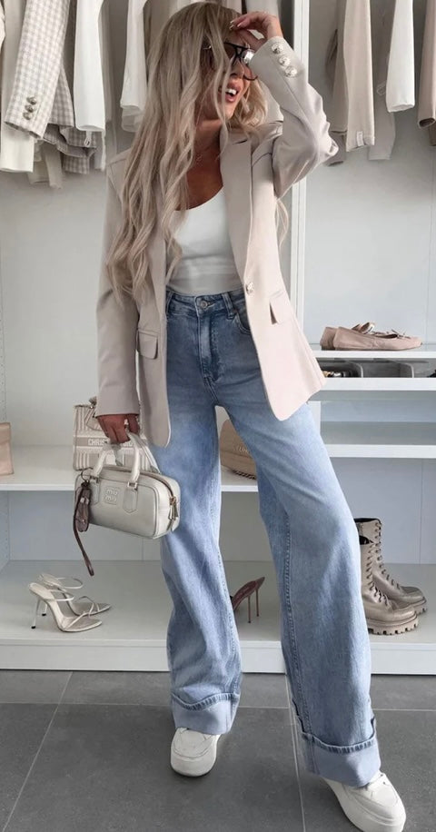 KYRA WIDE LEG CUFFED DENIM JEANS - BLUE