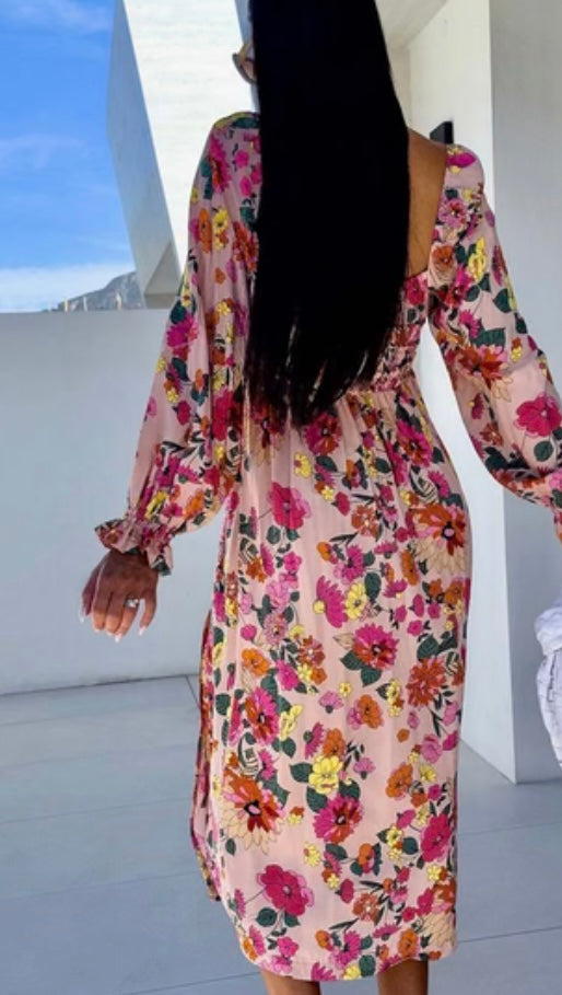 ANGELICA SHIRRED FLORAL SIDE SLIT MIDAXI DRESS