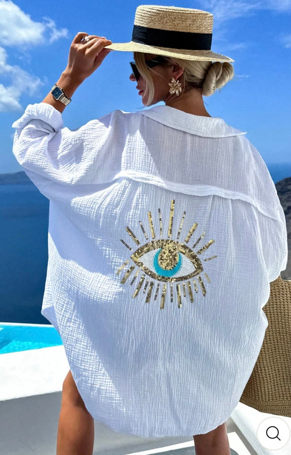 MAXINE 'EYE' SEQUINS OVERSIZED COTTON GAUZE STYLE SHIRT
TOP-WHITE