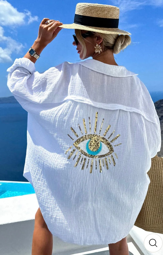 MAXINE 'EYE' SEQUINS OVERSIZED COTTON GAUZE STYLE SHIRT
TOP-WHITE