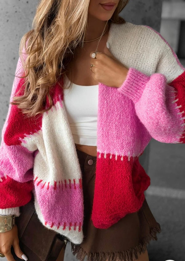 MIRAYA CONTRAST COLOUR BLOCK KNITTED CARDIGAN-RED