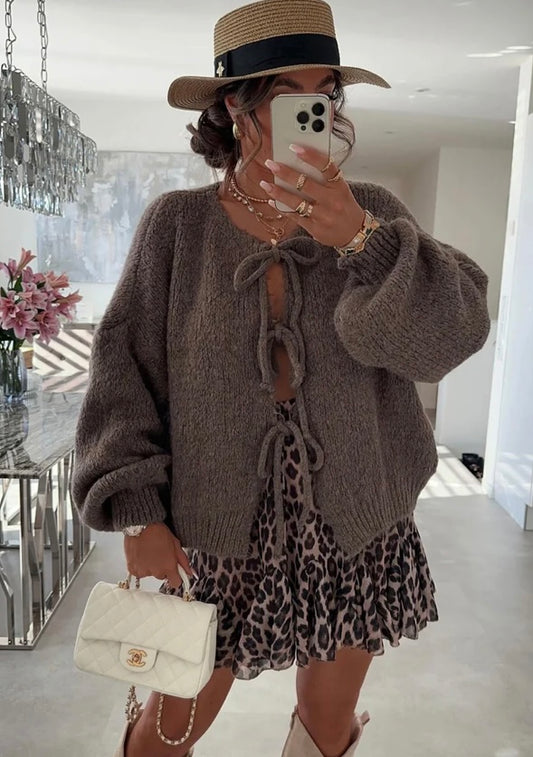 MEREDITH TIE-UP KNITTED CARDIGAN-BROWN