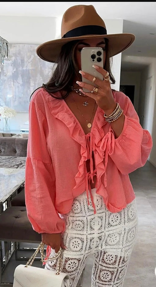 KARRIE FRILL FRONT TIE-UP BLOUSE SHIRT TOP-CORAL